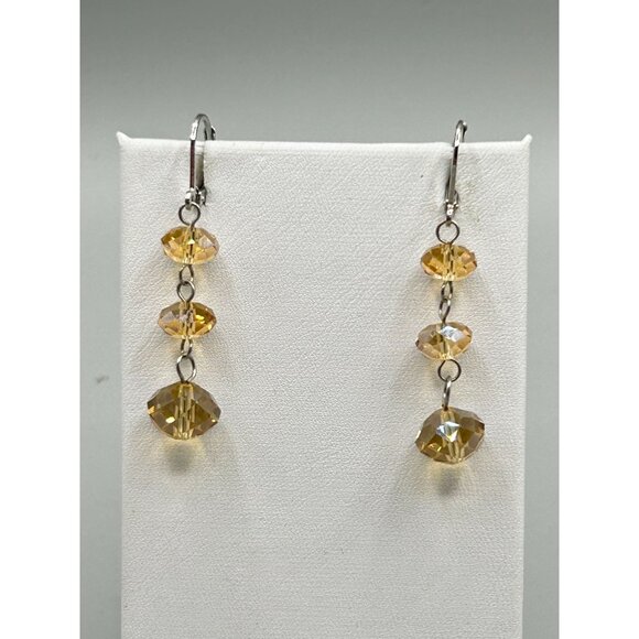 Faceted Crystals Dangles Earrings Leverback Triple Bead Sterling Silver 925 - Picture 2 of 6